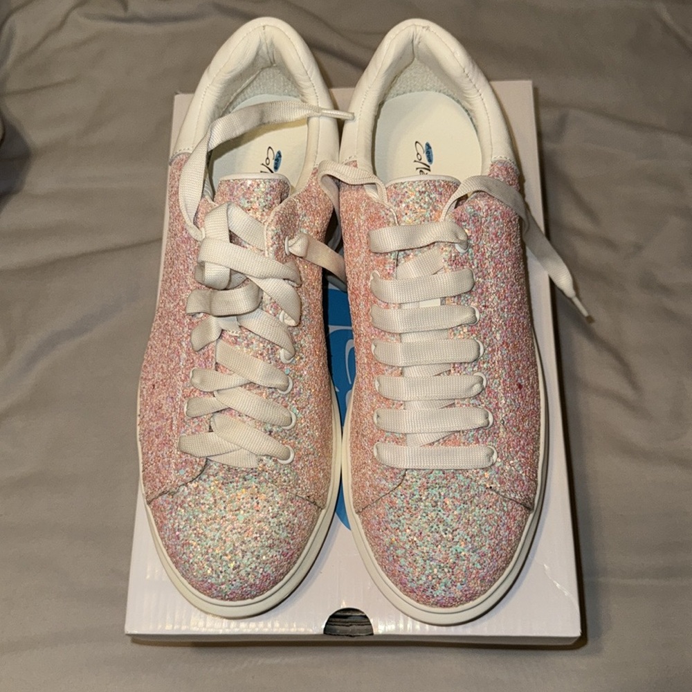 Pink and White Glitter Sneakers with Low-Top Design